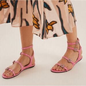 Jimmy Choo Naia Pink Suede Crystal Buckle Gladiator Flat Sandals EU 39